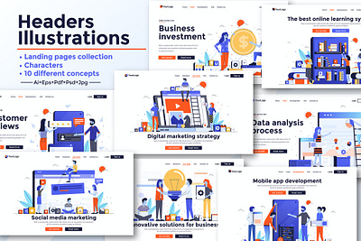 Landing page template on various topics business clean collection cv template data design development element icon infographic internet isometric kit landing layout mobile modern tools vector visualization