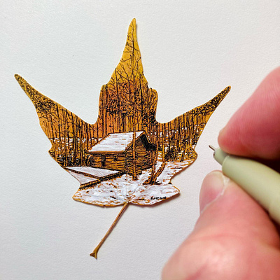 Snowy Cabin on Leaf art draw drawing environmental illustration ink ink drawing leaf microart miniature nature pen pen art pen drawing pigma micron sketchook snow sustainable tiny tree