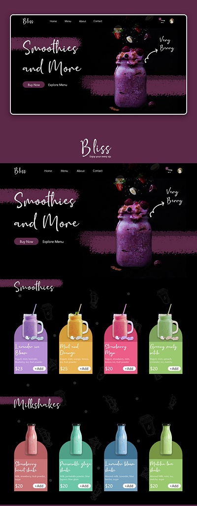 Shop Menu cafe dailyui dark theme design menu milkshakes restaurant smoothies ui ux