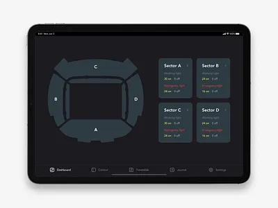 Stadium light control system iPad App UX UI Design. Dashboard color creative dashboard design graphicdesign inspiration ipad light lightning stadium ui ux uxui