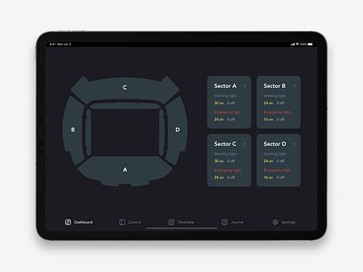 Stadium light control system iPad App UX UI Design. Dashboard color creative dashboard design graphicdesign inspiration ipad light lightning stadium ui ux uxui