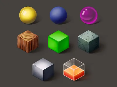 Material studies conceptart cubes digital 2d glossy green illustration liquid material matt metal orange photoshop pirple plastic props spheres stone textures wood yellow