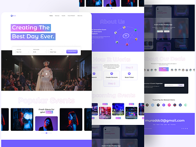 Event Finder Landing Page agency website app landing page clean contact design event landing page event organizer glassmorphism illustration landing page landing page ui minimal modern popular event project typography ui ui design ux website design