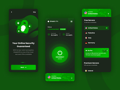 Shield VPN Mobile App - Dark Theme android app app application application design dark dark theme green illustration ios app mobile app mobile app design mobile app development mobile app illustration ui ui design ui ux user interface design vpn vpn app vpn app design