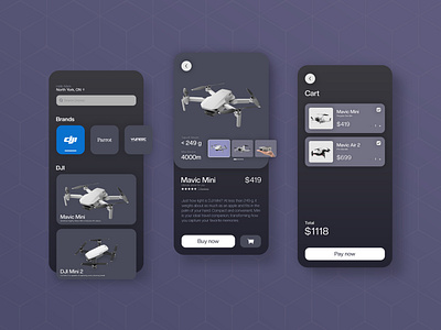 App concept for a drone store app black clean dark minimalist shop store ui ux