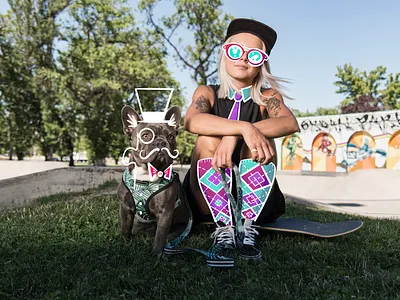 Dapper Duo (Zappos Unboxed Brand Illustrations) art artwork dog illustration illustrations illustrator illustrators knee socks monicle procreate puppy skateboarding tie top hat