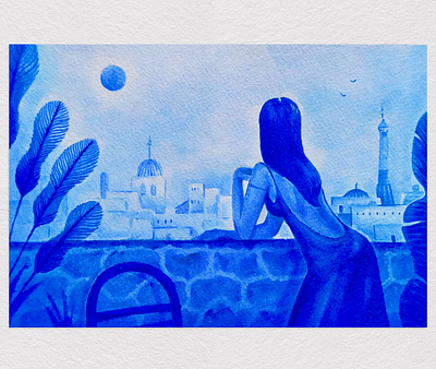 la belle au balcon. blue drawing illustration ink paper traditional woman