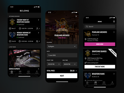 Belong Arenas arenas dark mode esports gaming ui