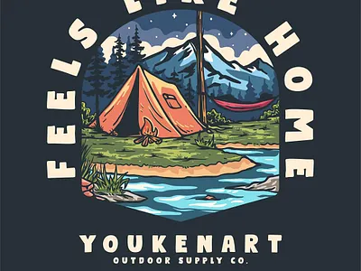 Feels like home 3d adventure art branding campfire camping design explore illustration logo outd outdoorapparel ui