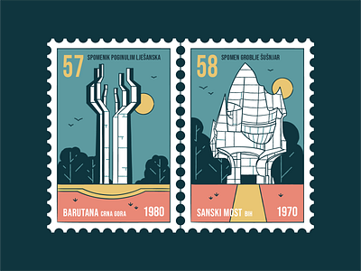 Stamp set No.2 badge branding brush building design illustration location mail memorial monument nature old outdoor outside postage postmark sfrj vector yugoslavia