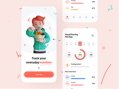 Nutrition Tracker 3d character 3d illutration activity tracking application assistant app calories diet health assistant health tracker healthy life minimal design minimalist mobile design mobile ui nutrition nutrition tracker protein rinex ui uiux design