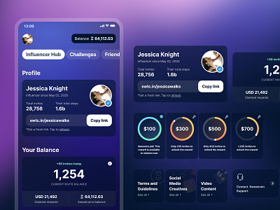 Influencer Hub Redesign | Sweatcoin App 3d app app design blogger dark dark mode dark theme fitness framer gradient health influencer marketing ios mobile mobile app product design progress startup ui ux