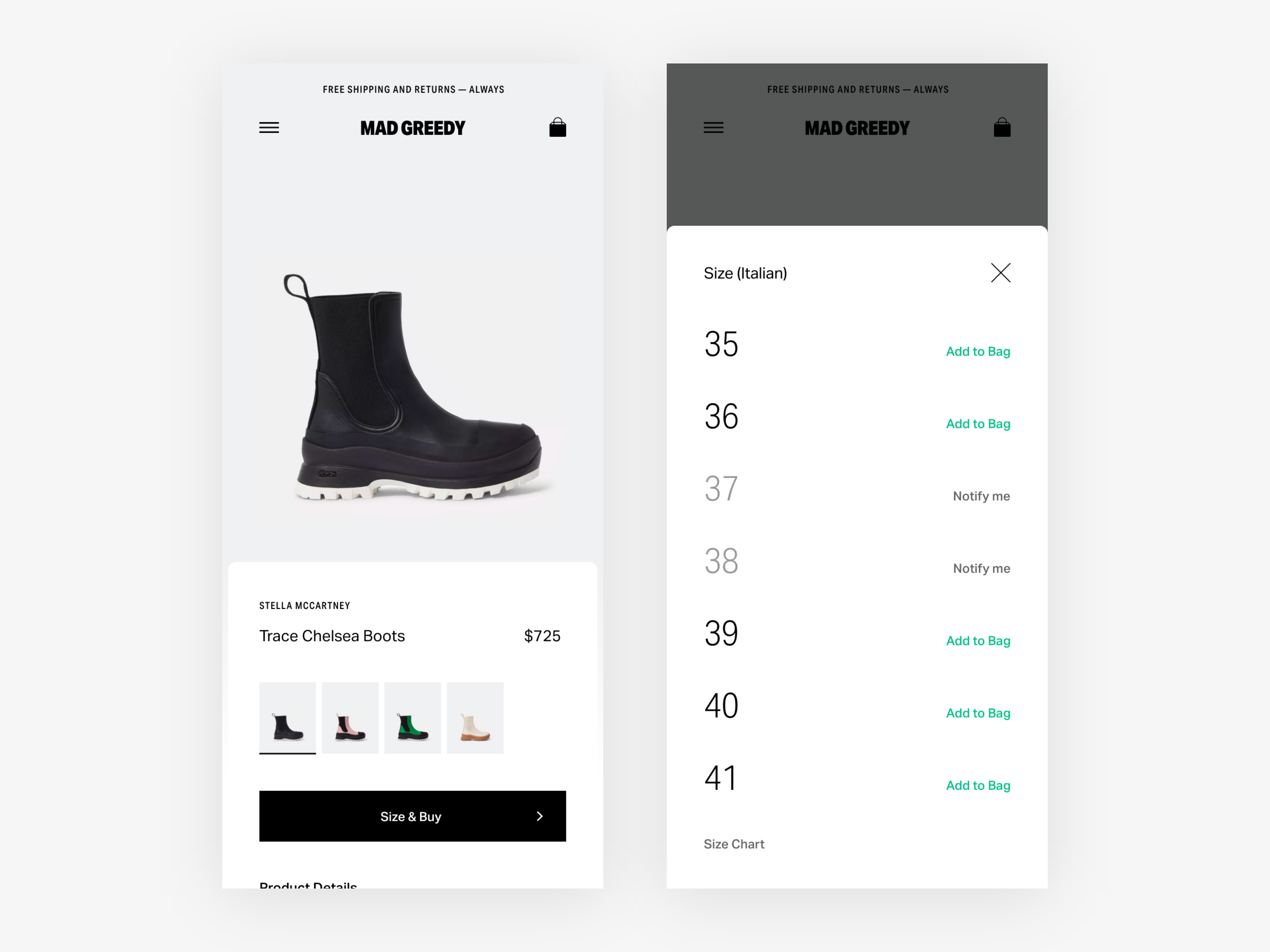 Example of Mobile Product Page & Size Select / Add to Bag eCommerce Exp
