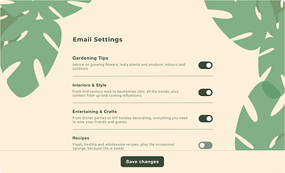 Email Settings Page, Lifestyle Website cooking design gardening lifestyle settings ui user experience ux website