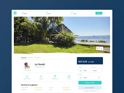 Holinesian BnB listing page accomodation blue bnb brand clean holiday local river river digital travel travel agency turquoise ui ui design ux vacation web design website