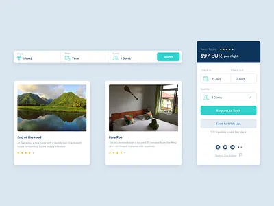 Holinesian Bnb Platform cards accomodation blue bnb card clean holiday island layout local river travel travel agency turquoise ui ui design ui ux ux web design website widgets