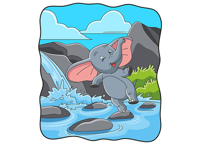 Cartoon illustration elephant jumping on river rock mascot