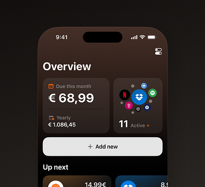 Subscription Management App app apple bold bubbles clean contrast dark mode dashboard finance gradient ios management overview subo subscription management subscriptions ui