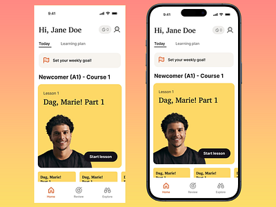 Language Learning App courses design e learning education fast learning home screens language learning learning learning plan mobile app modern app new experience newcomer online classes study ui design user friendly user interface ux warm color palette