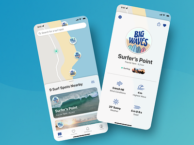 Surf Spot App Concept app app design branding design glucode illustration information ios location map mobile design navigation stickers surfing typography ui ui design ux ux design waves