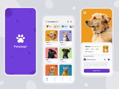 Petadopt App adopt pet app design cards design home screen icon interaction design landing screen minimal mobile app pet pet adoption app pet app typography ui uiux visual design