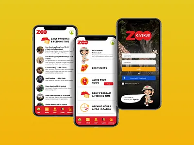 Application design | Givskud Zoo animals app app design application application design colorful education illustration nav bar navigation red safari safari park tickets ui ui design yellow zoo zoo application