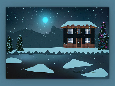 House with a Christmas tree and decorations cartoon celebration christmas christmas tree cold cottage decorations eve forest garlands holyday home house landscape nature party snowy village water winter