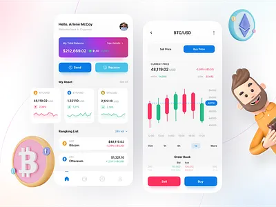 New Crypto App 3d app apps bitcoin chart clean coin crypto cryptocurrency dark design etheureum marketcap nft nfts product ui ui design ux ux design