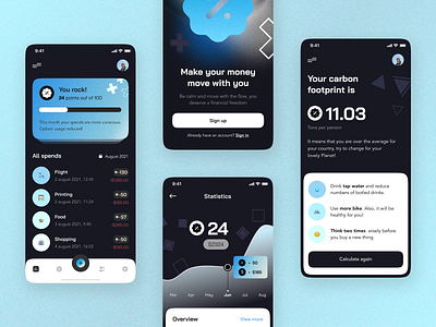 Financy mobile app dark design finance flat graphic design home illustration ios layo mobila app money studio tokens ui user experience user interface ux