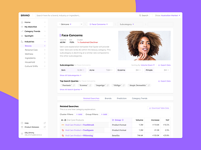 Data Analysis Page category cluster dashboard filter navigation search search queries side navigation sidebar sidebar nav sidebar navigation skincare strategy subcategory table table data top 5 top five top navigation ui