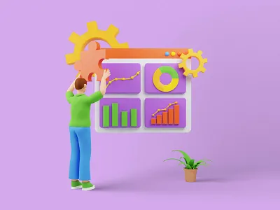 Startup managers presenting and analyzing sales 3d 3d character 3d illustrations 3d rendering branding business conference design digital idea illustration marketing presentation projecy startup ui