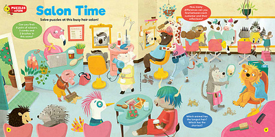 Salon Time - puzzle page in Chirp magazine childrens book illustration childrens books childrens illustration educational publishing illustration kidlitart kids books kids puzzles magazine illustration whimsical