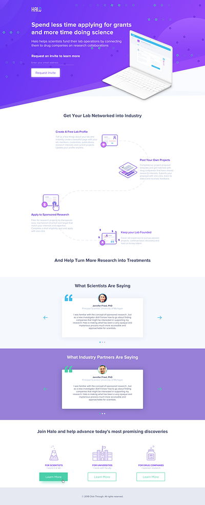 Halo project blue branding design green hero section home page how it works illustration mobile platform purple science testimonial typography ui ux vector