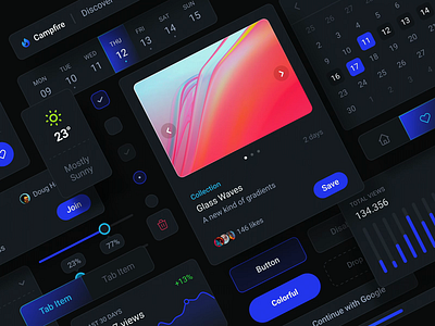 Dark Social UI-Kit blue button calendar dark dashboard flat graph kit media mobile nav profile slider social stats tabs ui voice weather widget