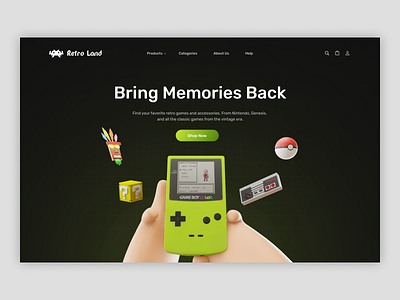 Retro Land 👾 - Retro Game Console Shop Landing Page 3d 3d art 3d character 3d design 3d illustration 3d modeling dark landing page design gaming landing page illustration landing page retro landing page ui user interface website website landing page