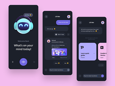 Bot App - Dark Mode app app design apps bot branding business dark mode illustration interaction message app trend ui usablity user friendly ux