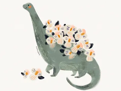 Dinosaur & Pansy Flowers baby brush texture children childrens illustration colored pencil coloured pencil dinosaur dinosaur for kids dinosaurs flowers gouache illustration kids kids illustration nursery organic pansies pansy pansy flower texture
