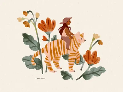 Woman & Tiger children childrens illustration colored pencil cute tiger feline flowers forest gouache illustration jungle kids kids illustration tiger woman character