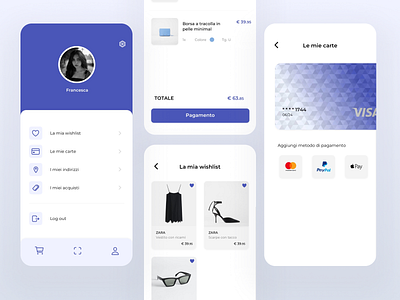 Online Shop Mobile App account app card clothing concept design e commerce interface ios iphone mobile payment profile purple shop shopping ui ux violet wishlist