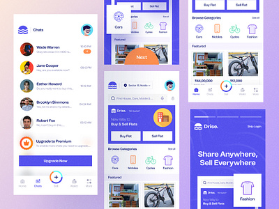 Drise Buy And Sell App avatar bottom navbar carousels chat ui design drise illustration logo message premium tabs ui uiux ux walkthrough