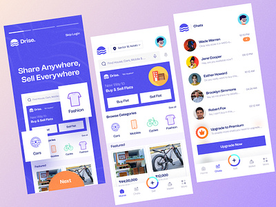 Drise Buy And Sell App app home app ui bottom navbar bottom tabs chat ui creative app ui designs home section navbar onboarding settings ui ux wallet ui