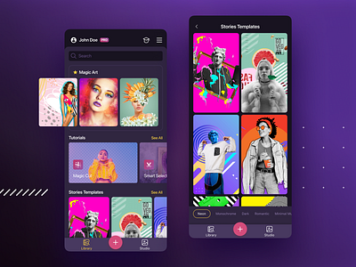 Photo Editing App «Pixomatic» app clean creative dark filter flat icons instagram mobile navigation photo photography project stories tabbar tabs templates tutorials ui ux