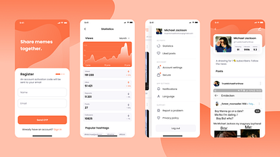 Meme sharing app chart design menu orange profile ui ux дизайн регистрация