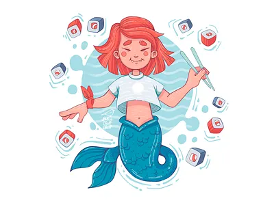 Mermaid character drawing funny illustration lineart mermaid picture sushi