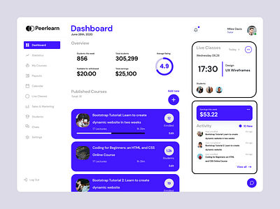 Online Learning Tutor Dashboard Design activity black blue calendar course dashboard design grey learning minimal online profile shedule statistics teaching tutor ui ux web white