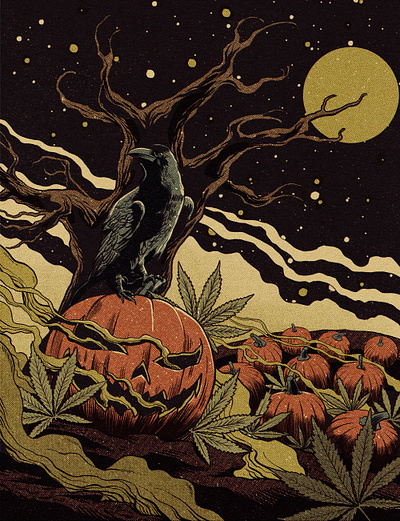 Halloween patch cannabis comics crow halloween hemp illustration moon night pumpkin raven retro smoke vintage weed