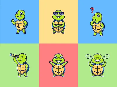 6 Cute Turtles characters design flat icon illustration logo mascot sticker vector