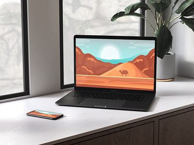 BEAUTIFUL LANDSCAPE ILLUSTRATION ON MACBOOK PRO MOCKUP. branding design icon illustration logo vector