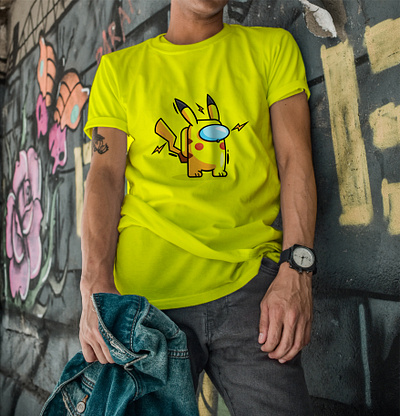 PIKACHU ILLUSTRATION ON A YELLOW TSHIRT MOCKUP. branding design illustration vector