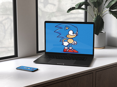 SONIC ILLUSTRATION ON PHONE-LAPTOP MOCKUP. branding design illustration logo vector